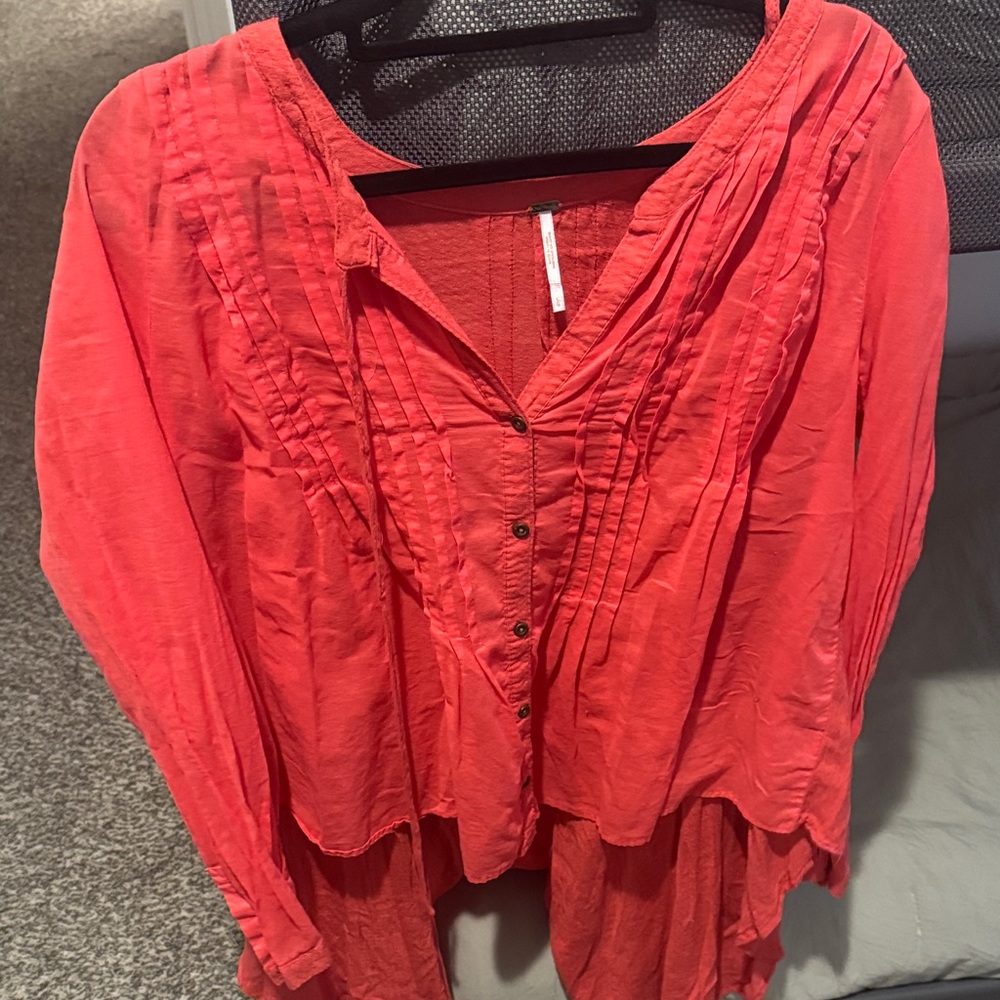 Free People Coral Button-Front Pintuck Tunic